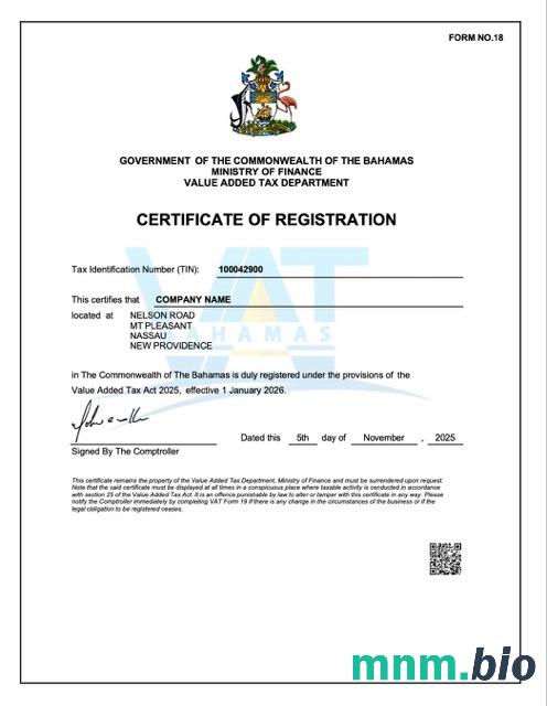 Bahamas vcertyfikat of registration Word i szablon PDF